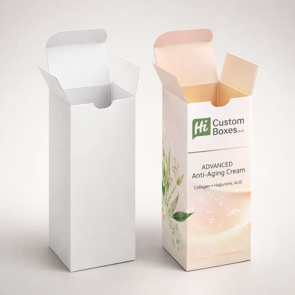 Two vertical cream boxes, one plain white and one with floral branding and product text.