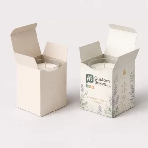 Tall thin cardboard boxes with curved tuck-in lids featuring lavender watercolours and "Hi Custom Boxes" logo.