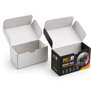 Sleek black and red packaging boxes for auto brakes featuring custom branding and automotive imagery.