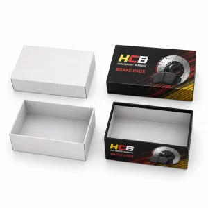Sleek black and orange brake parts packaging boxes with professional branding for wholesale retail display.