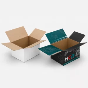 Sleek black and red packaging boxes for automotive components featuring custom branding and car imagery.