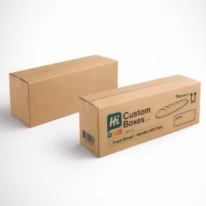 Bulk corrugated shipping cartons for baguettes featuring "Handle with Care" icons and custom business branding.