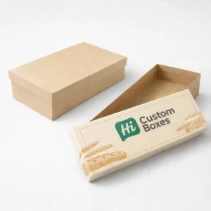 Two-piece kraft baguette gift boxes featuring a separate lid and base with rustic bread imagery.