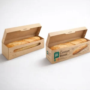 Eco-friendly hinged kraft paper boxes designed for single baguettes with side ventilation holes and logos.