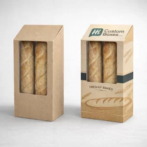 Custom kraft baguette boxes with a large clear window and "Freshly Baked" wheat-themed branding.