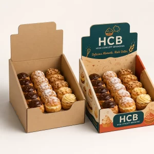 Modern white and pink choux boxes with professional branding and elegant illustrations for retail display.