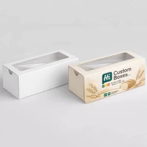Two sturdy white two-piece boxes with lids, including one featuring custom bakery loaf cake branding.