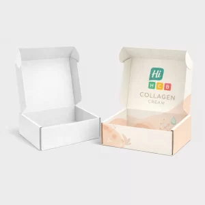 Eco-friendly bespoke collagen packaging with minimalist design elements and high-quality textured paper material.