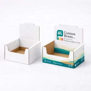 Bespoke corrugated display boxes with a raised back panel, ideal for retail counter-top product placement.