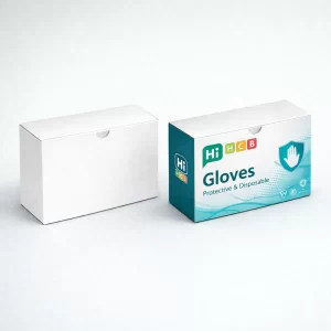 A white cardboard box alongside a professional blue branded box for protective and disposable gloves.