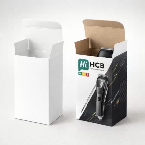 Two upright tuck-top boxes, one plain white and one printed with hair clipper product graphics.
