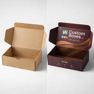 A comparison of a plain brown corrugated box and a branded dark purple mailing box.