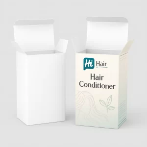 A pair of upright tuck-end boxes shown open, featuring clean white cardstock and botanical themed printing.