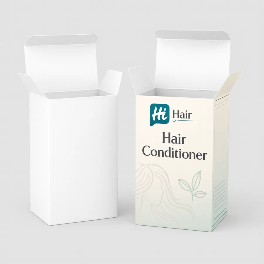 A pair of upright tuck-end boxes shown open, featuring clean white cardstock and botanical themed printing.