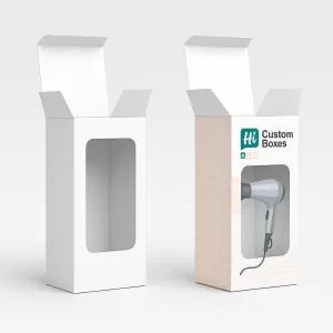 Two vertical boxes with transparent windows, displaying a modern hair dryer and minimalist brand graphics.