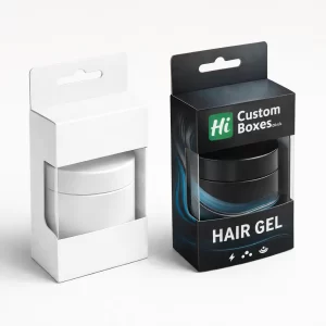 A plain white and a branded black hanging retail box with a clear plastic window