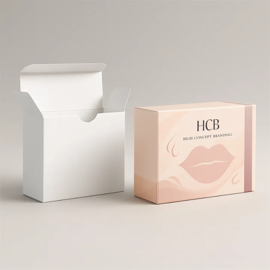 A plain white box beside a peach-coloured printed box