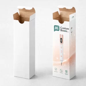 Two tall tuck-end retail boxes, one plain white and one showing a mole removal pen product image.