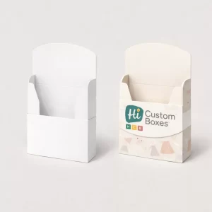Two vertical cardboard display units, one plain white and one decorated with a colourful skirt-themed pattern.