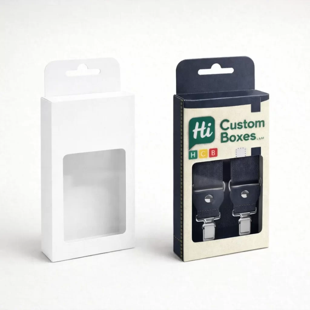 Hanging display boxes with transparent windows, showing a plain white version and a printed retail version.