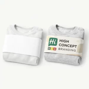 Folded grey sweatshirts wrapped in paper belly bands, one plain and one with brand logos.