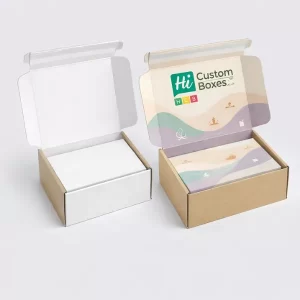 Two open cardboard mailer boxes featuring serene wave patterns and branding on the inner lids.