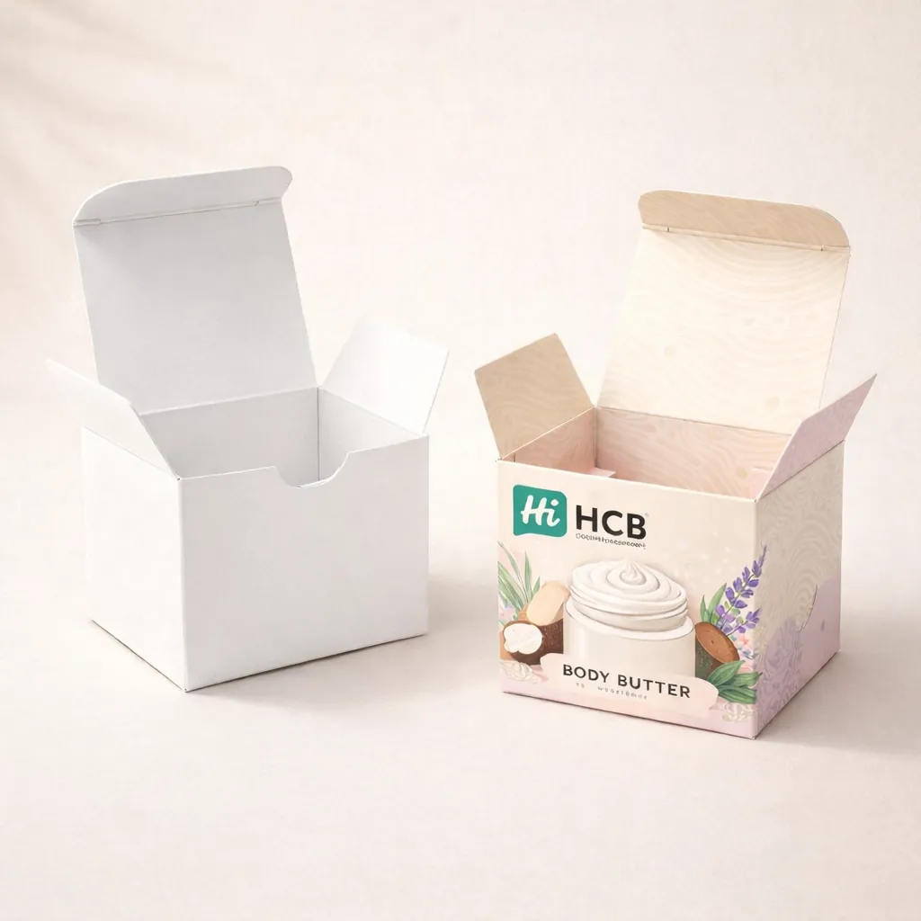 Two square two-piece rigid boxes, one plain white and one with elegant pink body butter branding.