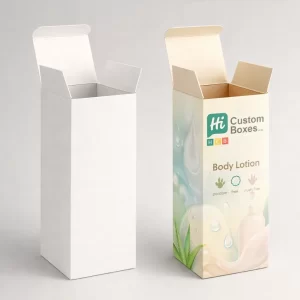 Two open tall rectangular boxes, one minimal white and one with detailed botanical prints and logos.
