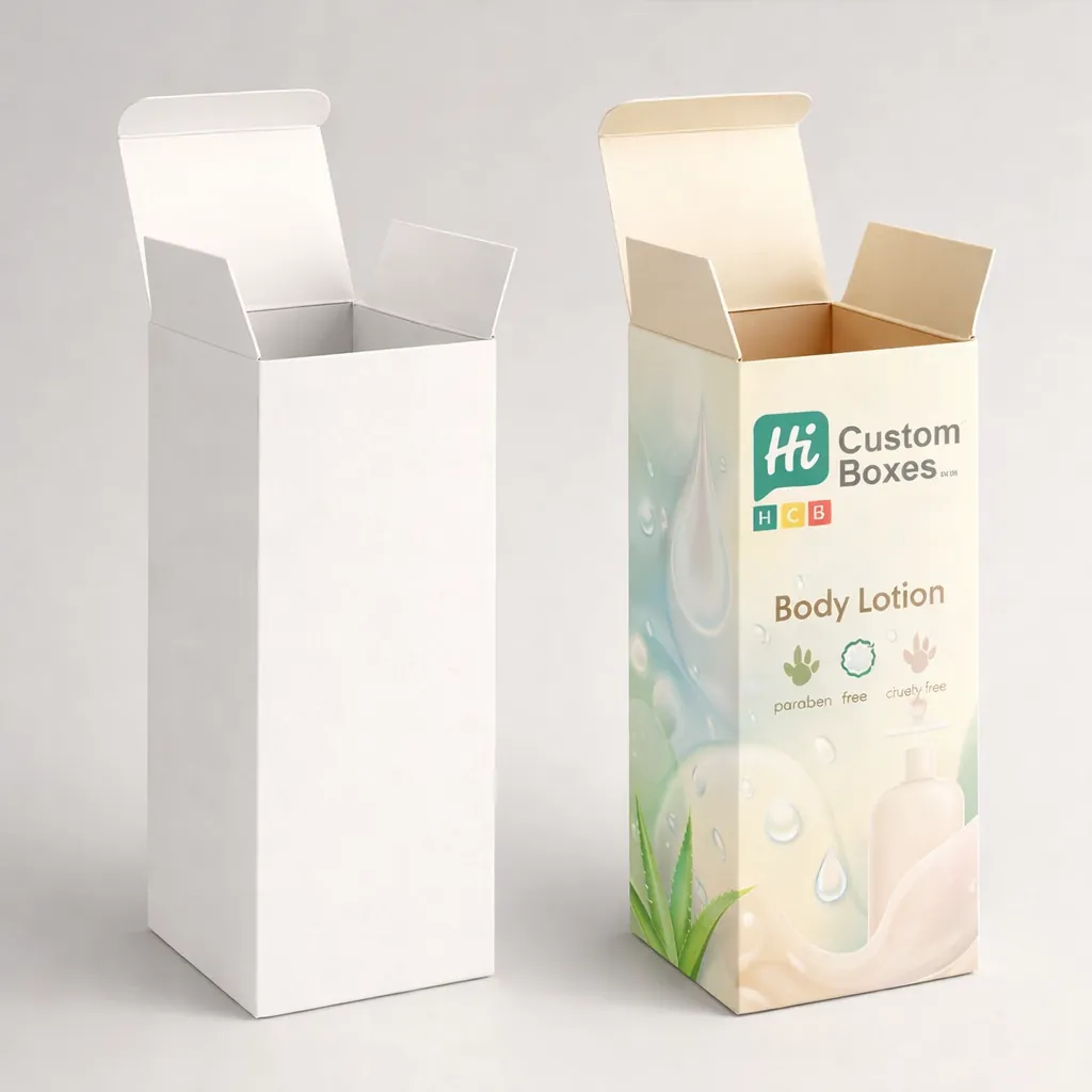 Two open tall rectangular boxes, one minimal white and one with detailed botanical prints and logos.