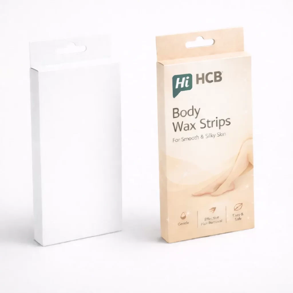 Slim vertical retail boxes with integrated hanging tabs, shown in both plain white and branded versions.