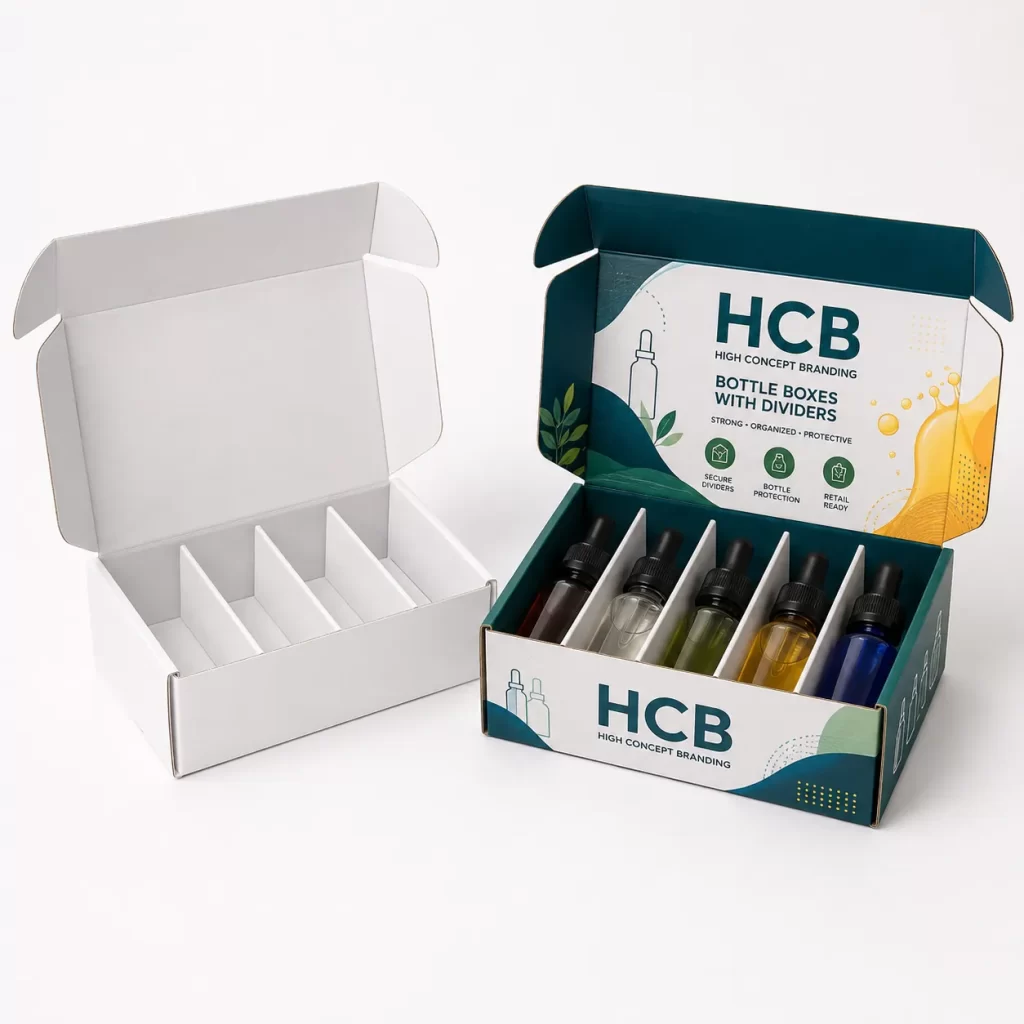 Custom bottle boxes with dividers for safe storage, shipping, and retail packaging
