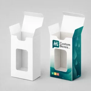 Two tall- upright cardboard retail boxes with rectangular window cut-outs and open top flaps for bottles