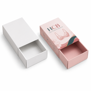Customisable pink and white cardboard drawer boxes designed for luxury bra gift set packaging.