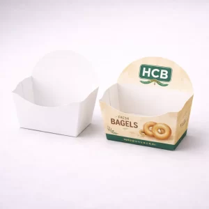Cardboard bagel boxes with a front cutout window, showing a plain white and a custom-branded version.