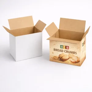 Two open corrugated cardboard shipping cartons, one plain white and the other featuring full-colour breadcrumb imagery.