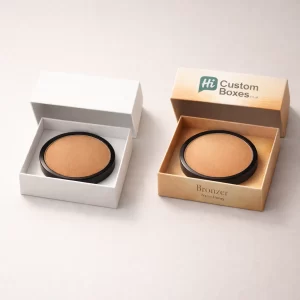 A side-by-side comparison of a plain white box and a branded "Warm Honey" bronzer box.