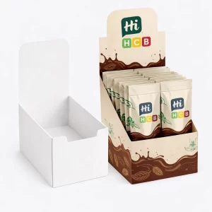 Luxury CBD chocolate packaging boxes with colourful geometric patterns and professional matt finish for retail display.