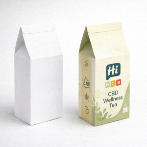 Two gabled milk-carton style boxes, one plain white and one with wellness tea graphics.