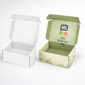 Two open mailer style boxes, one plain white and one with printed wellness tea branding.
