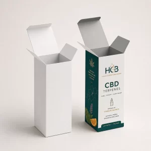 Vertical black and gold CBD terpene boxes with professional branding and colourful product illustrations.
