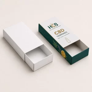 Bold black and gold terpene packaging boxes showcasing custom brand logos and vivid botanical graphics.