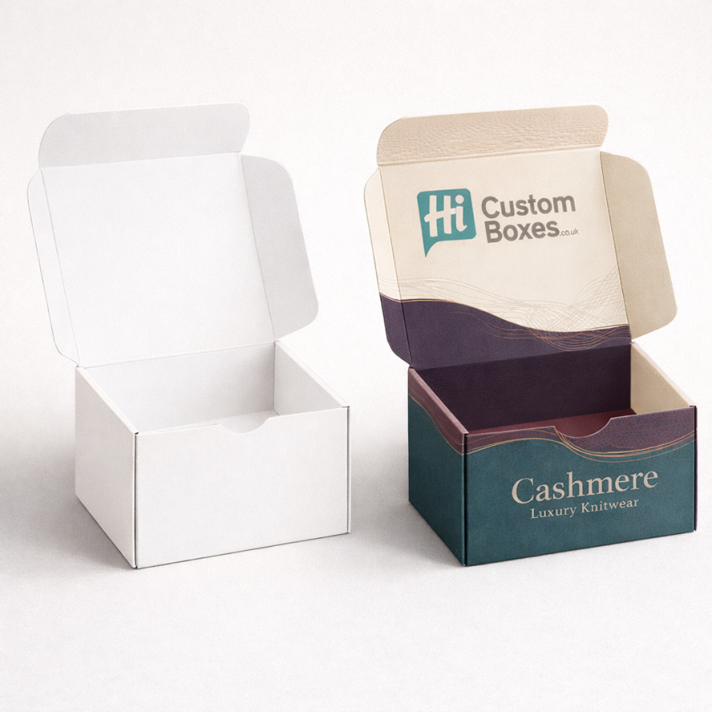 Two open cardboard mailer boxes showcasing internal branding, one in plain white and one with luxury patterns.