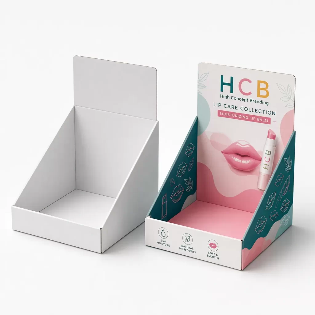 Standard reverse tuck end lip balm boxes in a plain white and printed pink style.