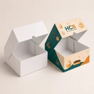 Custom branded white and pink choux boxes with artistic floral designs and clear viewing windows.