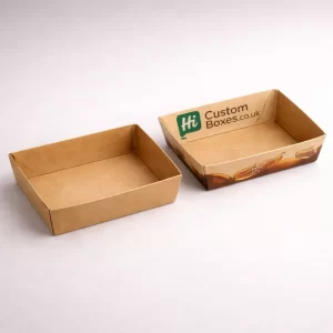 Two cardboard serving trays, one plain white and one branded for takeaway churros treats.
