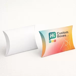 Two curved pillow-style boxes, one blank white and one printed with a logo and orange-to-teal gradient.