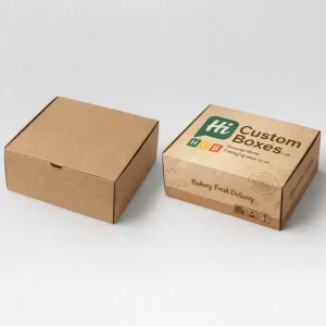 Two closed square cardboard delivery boxes, one plain and one featuring "Bakery Fresh Delivery" custom branding.