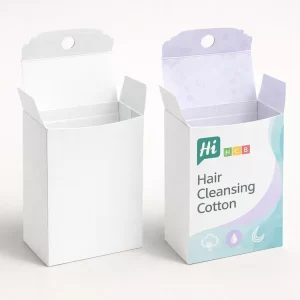 Two open hair cleansing cotton boxes with decorative scalloped edges and circular hanging punch holes