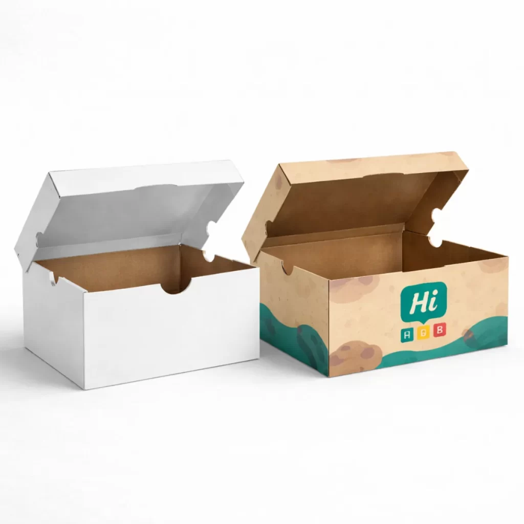 Two cardboard shoe boxes, one plain white and one with a colourful patterned branding design.