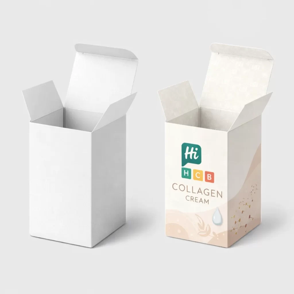 Custom printed cardboard boxes for collagen powder with a clean, modern aesthetic and vibrant branding.